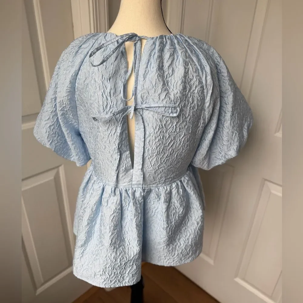 Tuckernuck Hyacinth House Julia Jacquard Puff Sleeve Babydoll Top Small Blue
